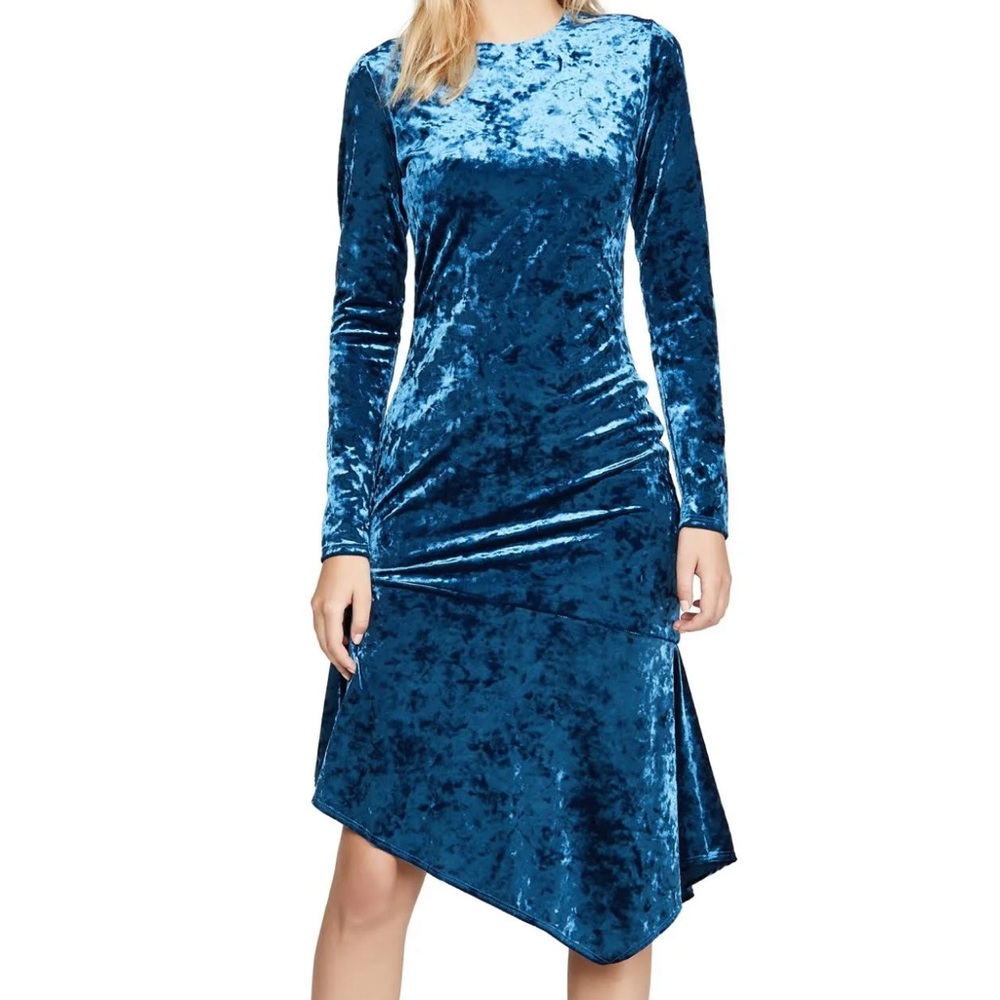 Maddox Long-Sleeve Asymmetric Crushed Velvet Sheath Dress